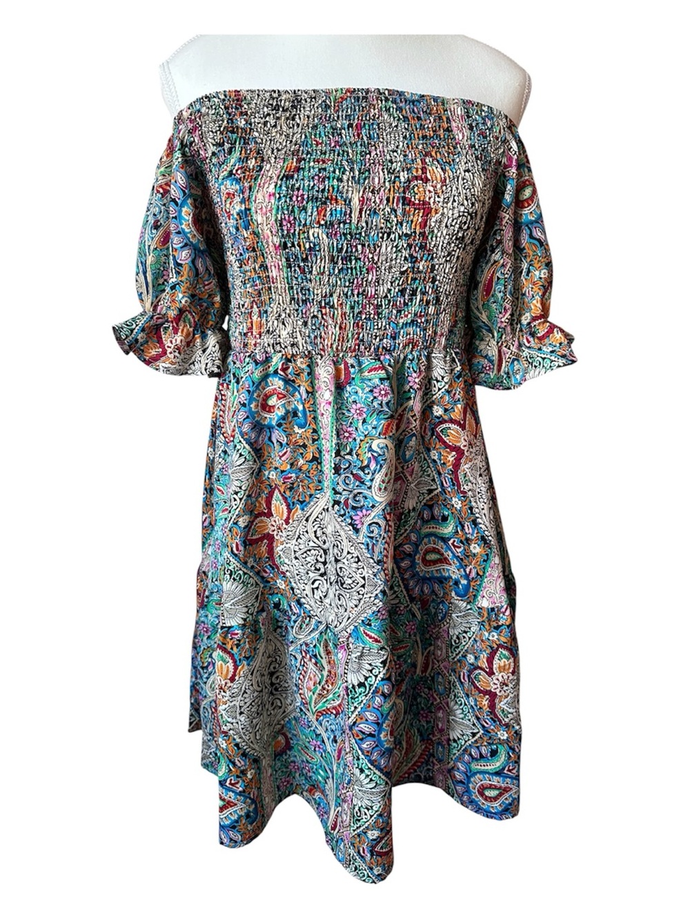Bohemian Paisley Puff Sleeve Multi-Colour Summer Smocked Mini Dress - L